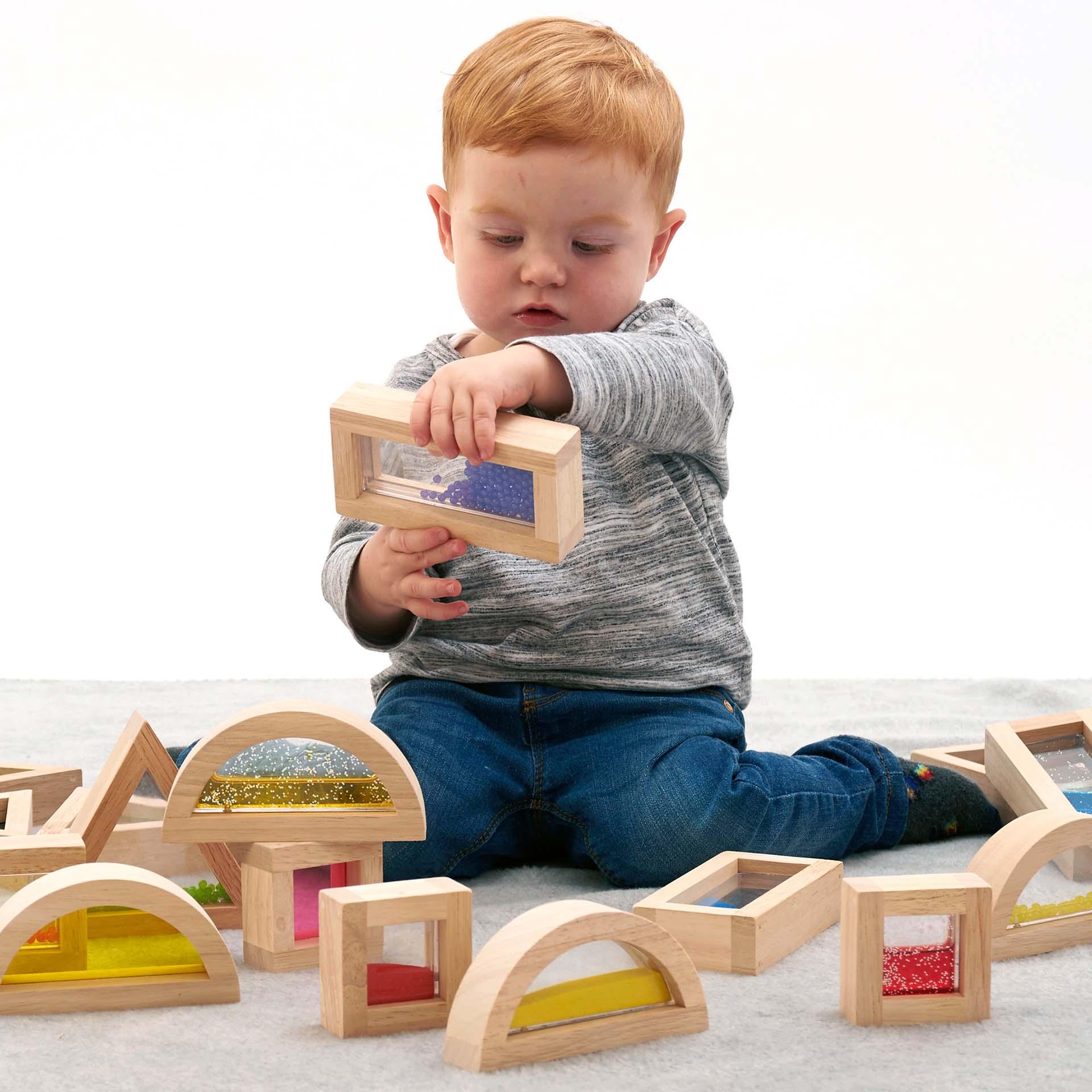 Colorful Rubberwood Sensory Blocks Set for Toddlers – Interactive Shapes with Beads, Acrylic, Sand, and Water Features 2