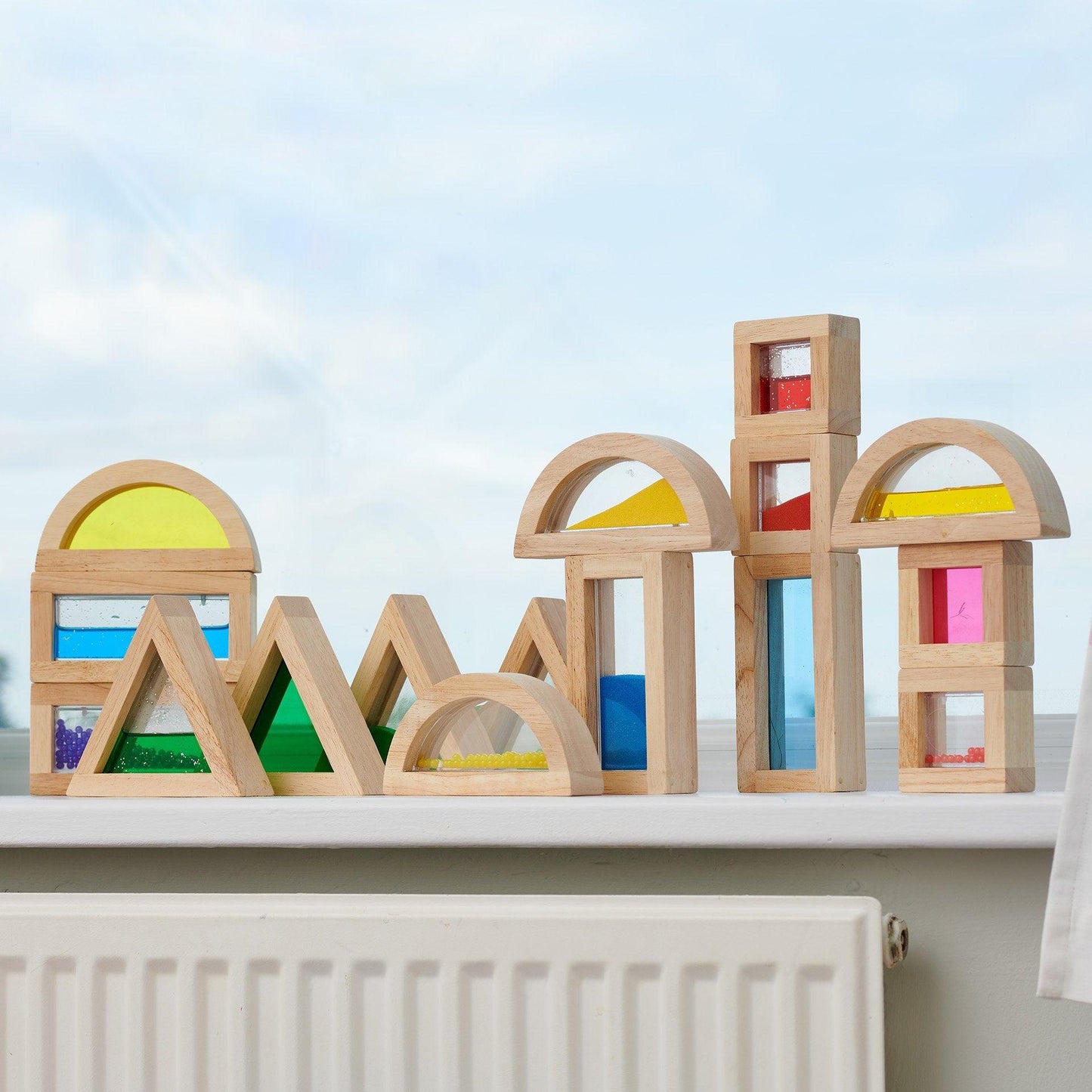 Colorful Rubberwood Sensory Blocks Set for Toddlers – Interactive Shapes with Beads, Acrylic, Sand, and Water Features 6