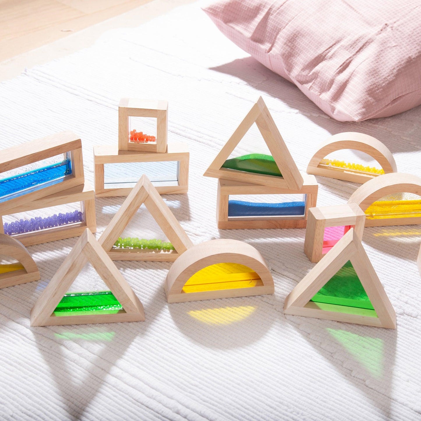Colorful Rubberwood Sensory Blocks Set for Toddlers – Interactive Shapes with Beads, Acrylic, Sand, and Water Features 7