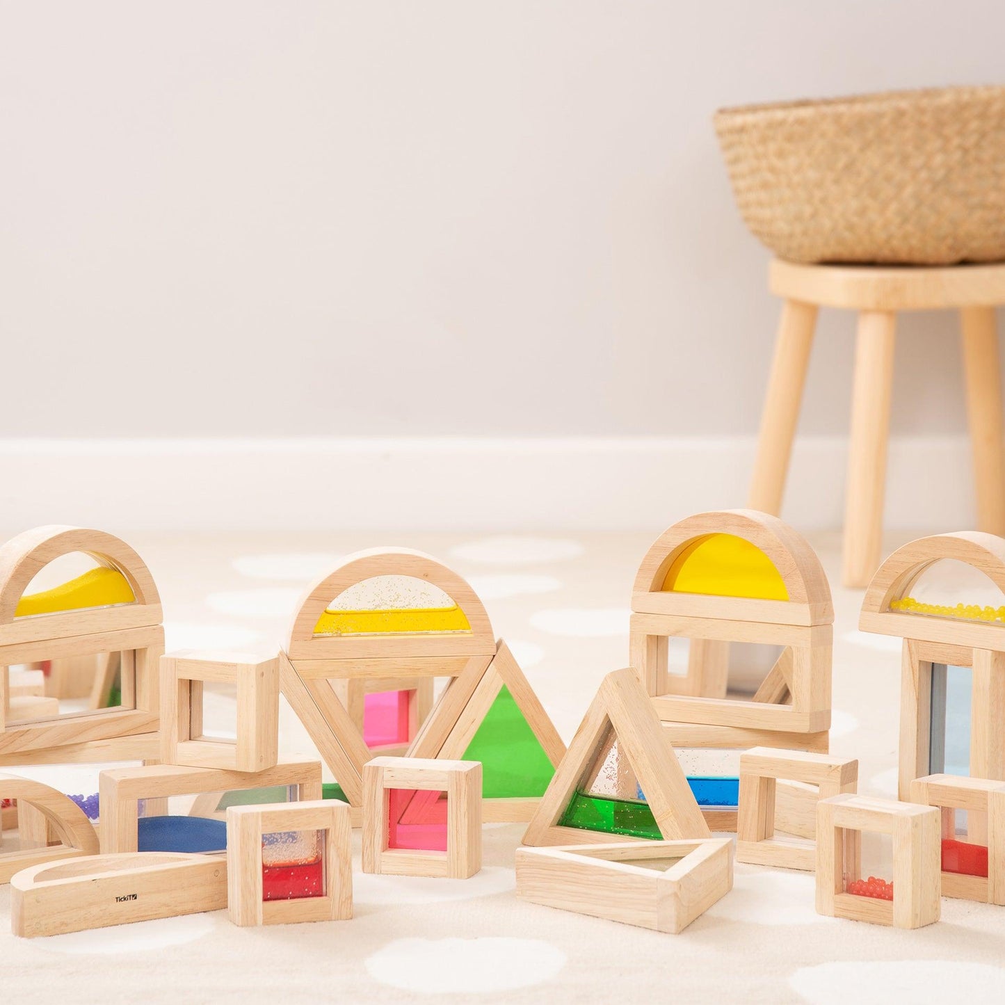 Colorful Rubberwood Sensory Blocks Set for Toddlers – Interactive Shapes with Beads, Acrylic, Sand, and Water Features 8