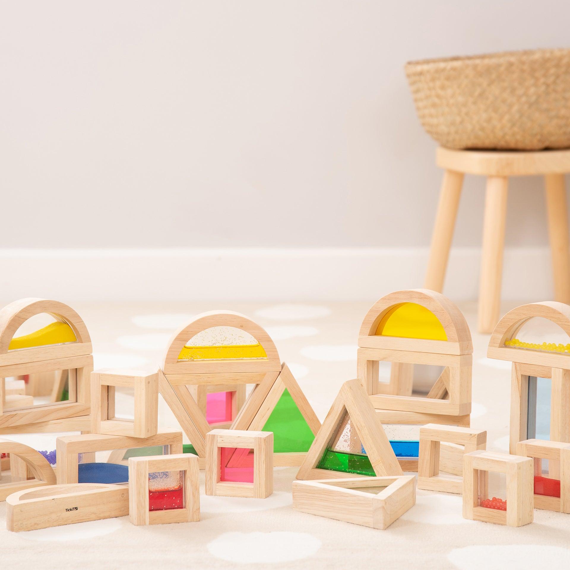 Colorful Rubberwood Sensory Blocks Set for Toddlers – Interactive Shapes with Beads, Acrylic, Sand, and Water Features 8