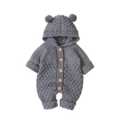 Cozy Knitted Bear Baby Romper with Hood and Plush Ears – Soft Acrylic Infant Romper for Autumn/Winter 0