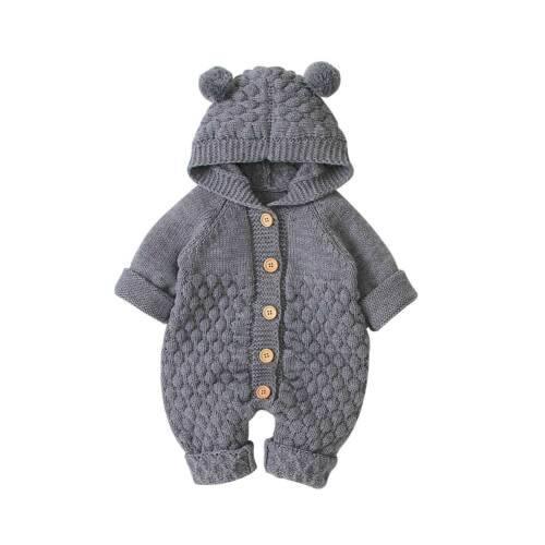 Cozy Knitted Bear Baby Romper with Hood and Plush Ears – Soft Acrylic Infant Romper for Autumn/Winter 0