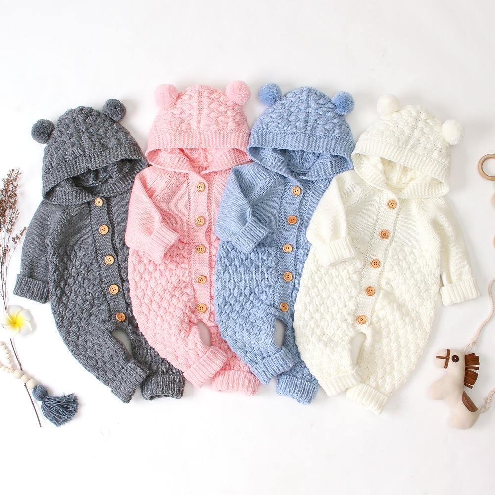 Cozy Knitted Bear Baby Romper with Hood and Plush Ears – Soft Acrylic Infant Romper for Autumn/Winter 1