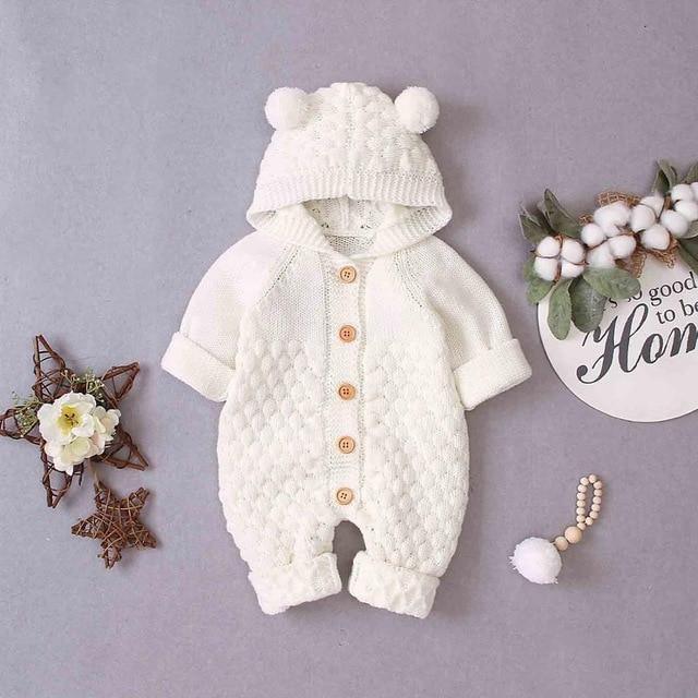 Cozy Knitted Bear Baby Romper with Hood and Plush Ears – Soft Acrylic Infant Romper for Autumn/Winter 2