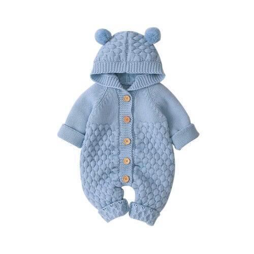 Cozy Knitted Bear Baby Romper with Hood and Plush Ears – Soft Acrylic Infant Romper for Autumn/Winter 3