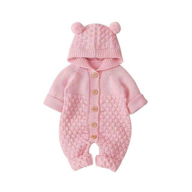 Cozy Knitted Bear Baby Romper with Hood and Plush Ears – Soft Acrylic Infant Romper for Autumn/Winter 4