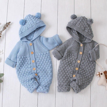 Cozy Knitted Bear Baby Romper with Hood and Plush Ears – Soft Acrylic Infant Romper for Autumn/Winter 6