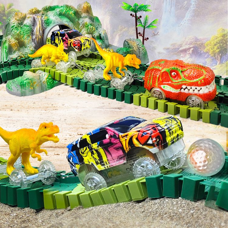 Dinosaur Race Track Toy Set with Illuminating Cars – Educational Building Toy for Kids Aged 3-6, Includes Realistic Dinosaur Figures 0