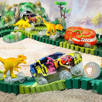 Dinosaur Race Track Toy Set with Illuminating Cars – Educational Building Toy for Kids Aged 3-6, Includes Realistic Dinosaur Figures 0