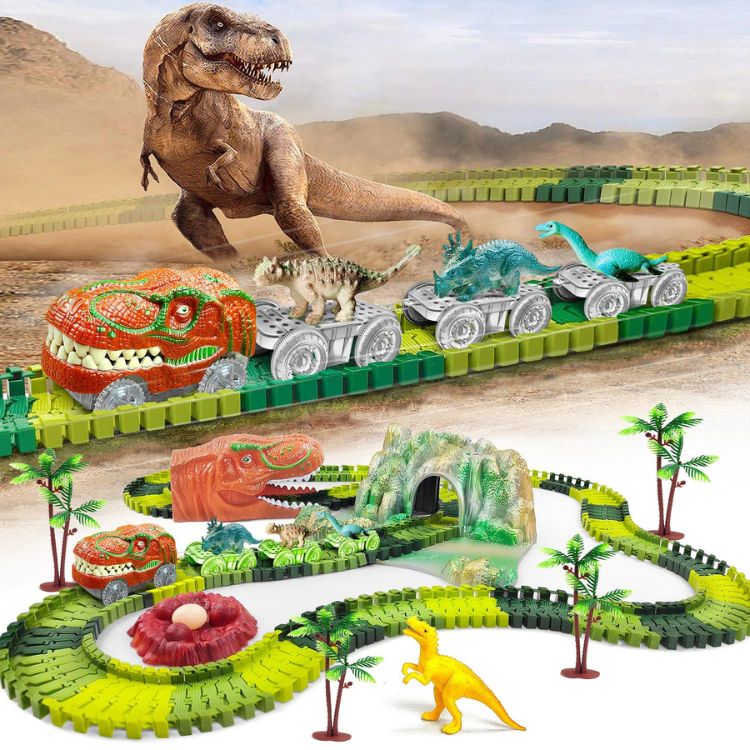 Dinosaur Race Track Toy Set with Illuminating Cars – Educational Building Toy for Kids Aged 3-6, Includes Realistic Dinosaur Figures 1