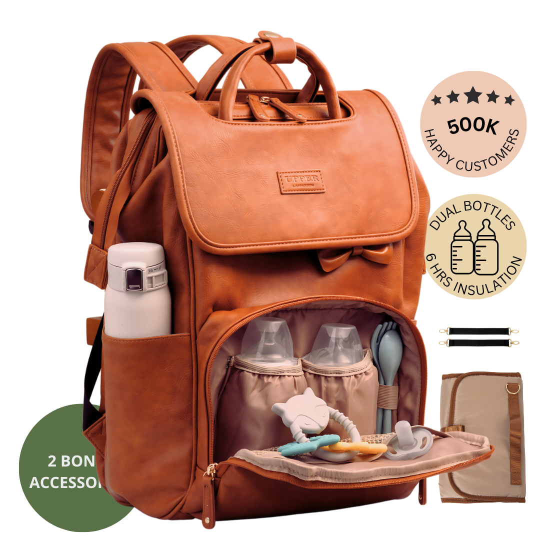 Elegant Vegan Leather Diaper Bag Backpack – Stylish Baby Bag with Insulated Bottle Holders and Stroller Clips 1