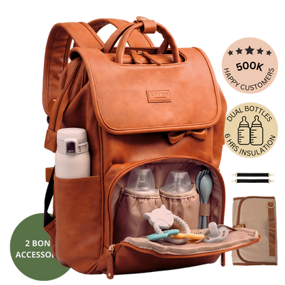 Elegant Vegan Leather Diaper Bag Backpack – Stylish Baby Bag with Insulated Bottle Holders and Stroller Clips 1