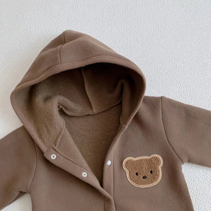 Knitted Bear Hooded Playsuit for Babies – Cozy Cotton Blend with Zipper Closure, Machine Washable, Available from Newborn to Toddler 2