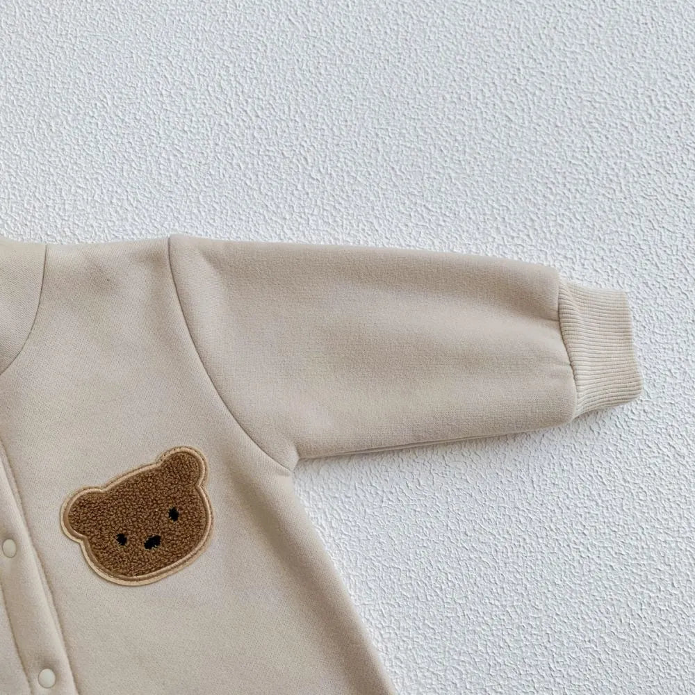 Knitted Bear Hooded Playsuit for Babies – Cozy Cotton Blend with Zipper Closure, Machine Washable, Available from Newborn to Toddler 3