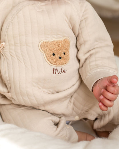 Organic Cotton Newborn Romper with Teddy Bear Boucle Design and Bow Closure – Unisex Baby Grow 1