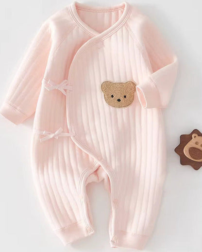 Organic Cotton Newborn Romper with Teddy Bear Boucle Design and Bow Closure – Unisex Baby Grow 4