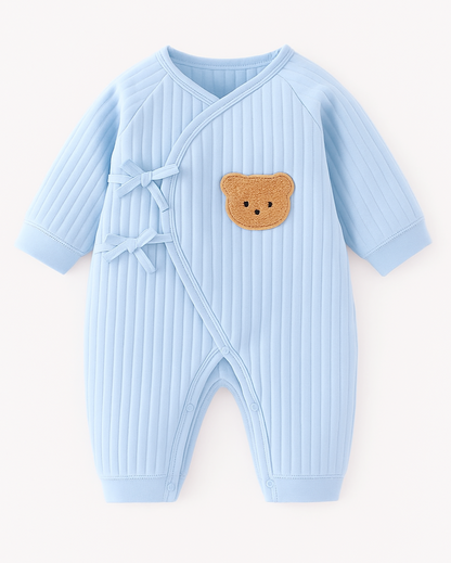 Organic Cotton Newborn Romper with Teddy Bear Boucle Design and Bow Closure – Unisex Baby Grow 5