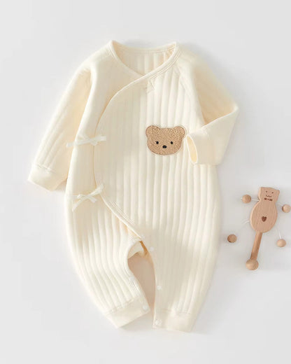 Organic Cotton Newborn Romper with Teddy Bear Boucle Design and Bow Closure – Unisex Baby Grow 7