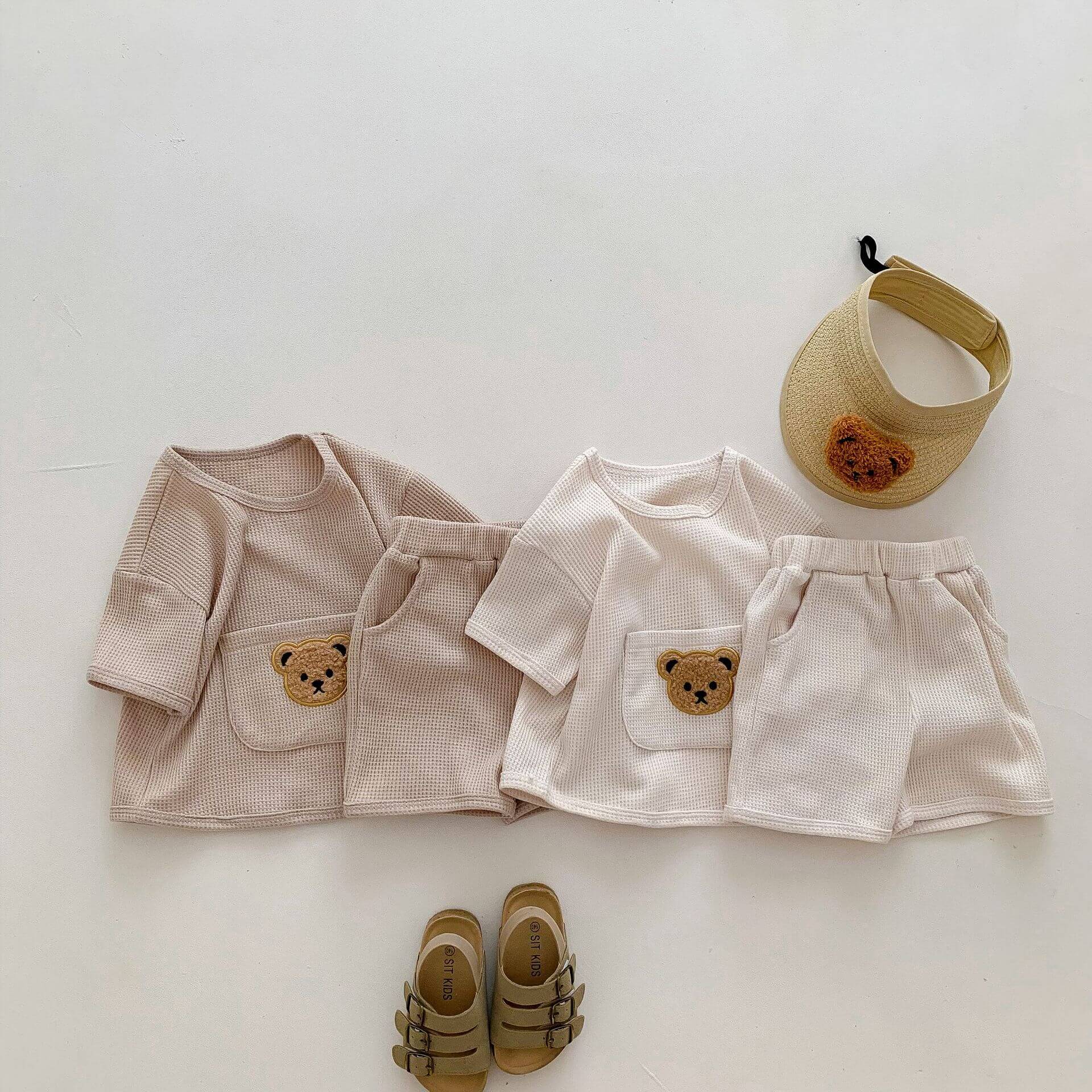 Organic Cotton T-Shirt and Shorts Set for Kids – Waffle Bear Design, Elastic Waistband, Comfortable Summer Outfit 2