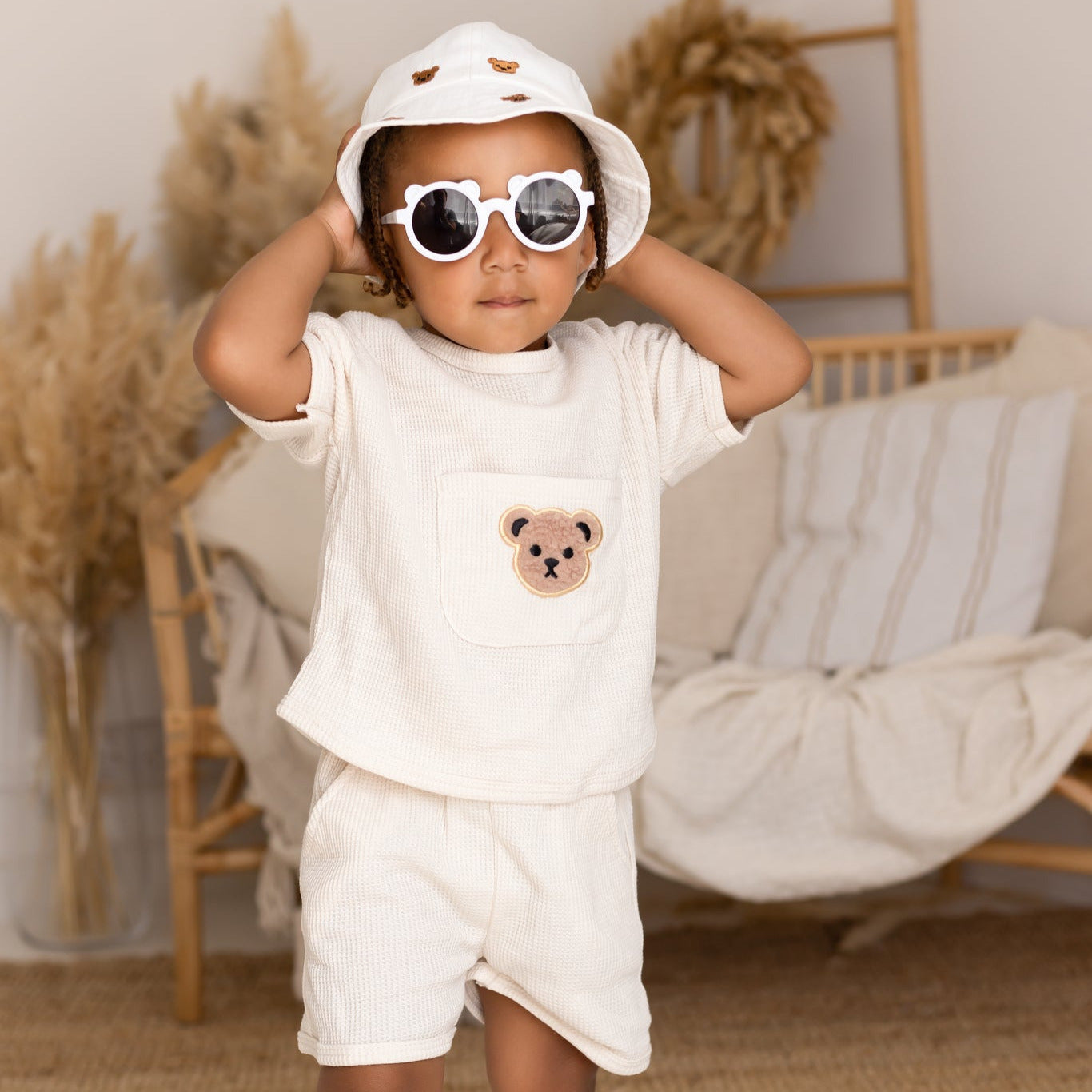 Organic Cotton T-Shirt and Shorts Set for Kids – Waffle Bear Design, Elastic Waistband, Comfortable Summer Outfit 3