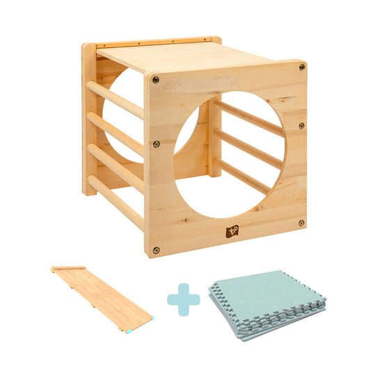 Pikler Style Climbing Cube Set with Bridge and Play Mats – FSC Certified Wooden Indoor Play Equipment for Active Learning 0