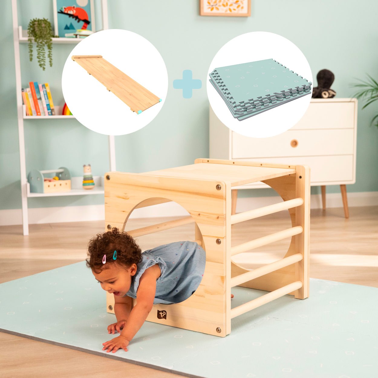 Pikler Style Climbing Cube Set with Bridge and Play Mats – FSC Certified Wooden Indoor Play Equipment for Active Learning 1