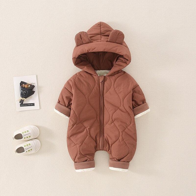 Teddy Romper for Babies – Cozy Quilted Winter Suit with Bear Ears and Hood, Unisex, Front Zip Closure, Ideal for Pram Use 0
