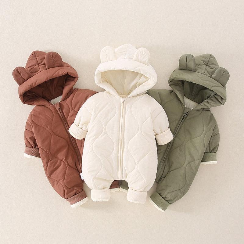 Teddy Romper for Babies – Cozy Quilted Winter Suit with Bear Ears and Hood, Unisex, Front Zip Closure, Ideal for Pram Use 1