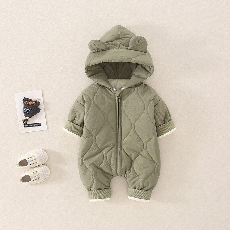 Teddy Romper for Babies – Cozy Quilted Winter Suit with Bear Ears and Hood, Unisex, Front Zip Closure, Ideal for Pram Use 3